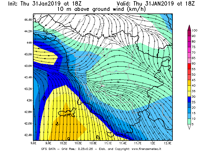 Mappa di analisi GFS - Velocità del vento a 10 metri dal suolo [km/h] in Toscana
							del 31/01/2019 18 <!--googleoff: index-->UTC<!--googleon: index-->