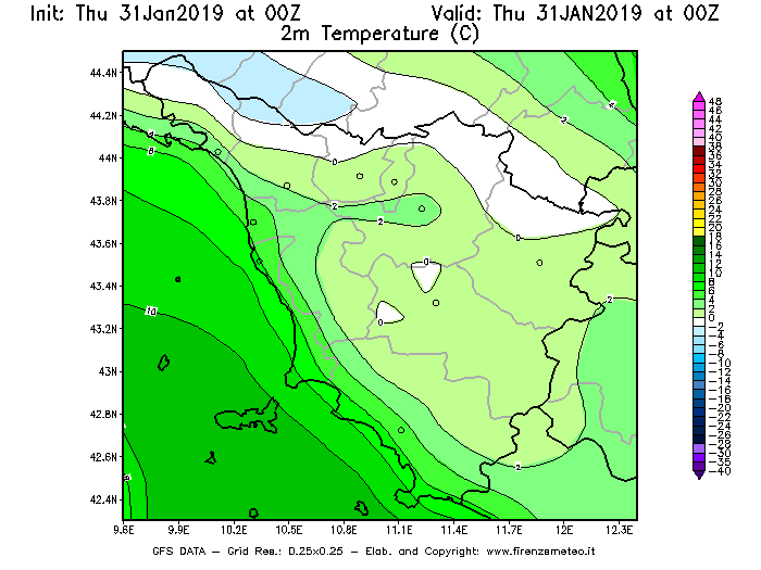 Mappa di analisi GFS - Temperatura a 2 metri dal suolo [°C] in Toscana
							del 31/01/2019 00 <!--googleoff: index-->UTC<!--googleon: index-->