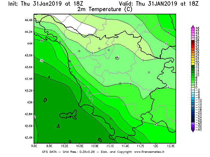 Mappa di analisi GFS - Temperatura a 2 metri dal suolo [°C] in Toscana
							del 31/01/2019 18 <!--googleoff: index-->UTC<!--googleon: index-->