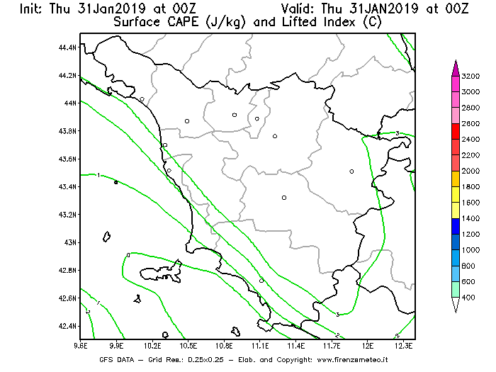 Mappa di analisi GFS - CAPE [J/kg] e Lifted Index [°C] in Toscana
							del 31/01/2019 00 <!--googleoff: index-->UTC<!--googleon: index-->