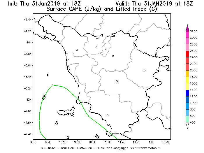 Mappa di analisi GFS - CAPE [J/kg] e Lifted Index [°C] in Toscana
							del 31/01/2019 18 <!--googleoff: index-->UTC<!--googleon: index-->