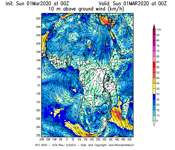 Mappa di analisi GFS - Velocità del vento a 10 metri dal suolo [km/h] in Africa
							del 01/03/2020 00 <!--googleoff: index-->UTC<!--googleon: index-->