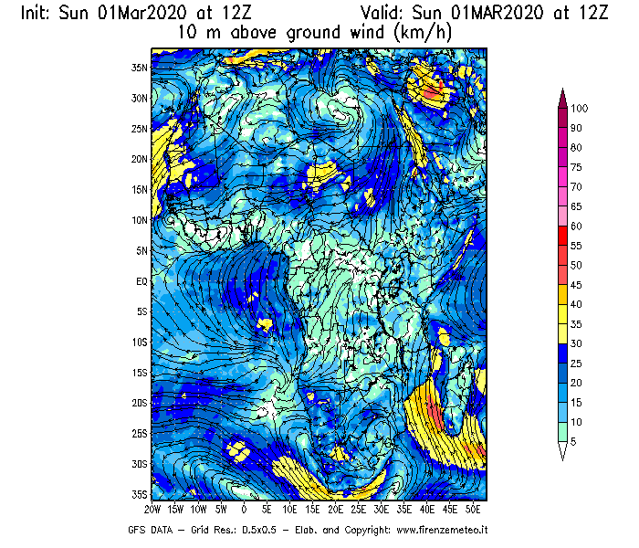 Mappa di analisi GFS - Velocità del vento a 10 metri dal suolo [km/h] in Africa
							del 01/03/2020 12 <!--googleoff: index-->UTC<!--googleon: index-->