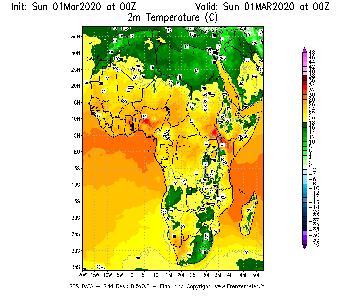 Mappa di analisi GFS - Temperatura a 2 metri dal suolo [°C] in Africa
							del 01/03/2020 00 <!--googleoff: index-->UTC<!--googleon: index-->