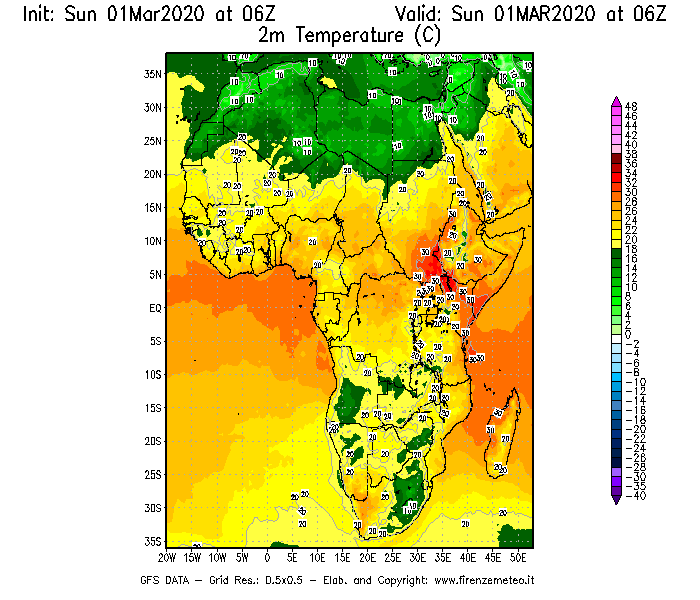 Mappa di analisi GFS - Temperatura a 2 metri dal suolo [°C] in Africa
							del 01/03/2020 06 <!--googleoff: index-->UTC<!--googleon: index-->