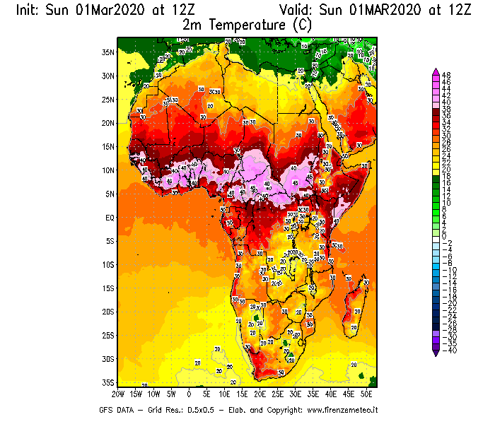 Mappa di analisi GFS - Temperatura a 2 metri dal suolo [°C] in Africa
							del 01/03/2020 12 <!--googleoff: index-->UTC<!--googleon: index-->