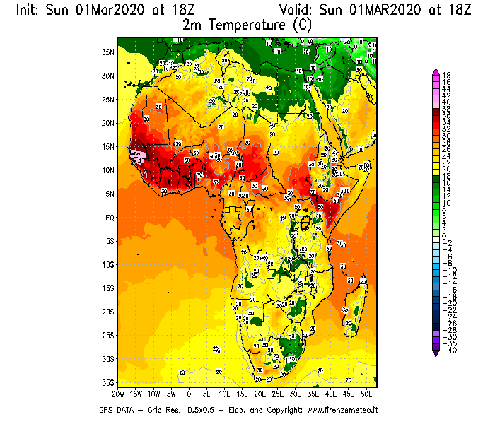 Mappa di analisi GFS - Temperatura a 2 metri dal suolo [°C] in Africa
							del 01/03/2020 18 <!--googleoff: index-->UTC<!--googleon: index-->