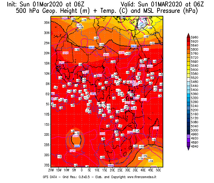 Mappa di analisi GFS - Geopotenziale [m] + Temp. [°C] a 500 hPa + Press. a livello del mare [hPa] in Africa
							del 01/03/2020 06 <!--googleoff: index-->UTC<!--googleon: index-->