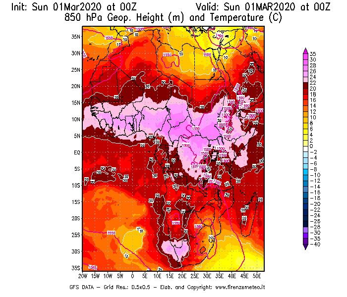 Mappa di analisi GFS - Geopotenziale [m] e Temperatura [°C] a 850 hPa in Africa
							del 01/03/2020 00 <!--googleoff: index-->UTC<!--googleon: index-->