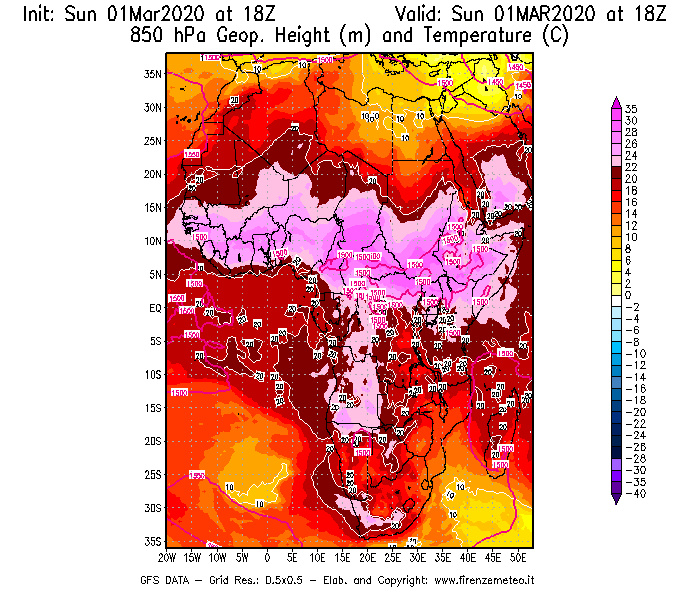 Mappa di analisi GFS - Geopotenziale [m] e Temperatura [°C] a 850 hPa in Africa
							del 01/03/2020 18 <!--googleoff: index-->UTC<!--googleon: index-->