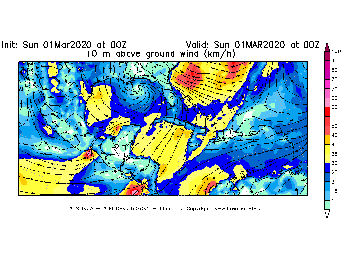 Mappa di analisi GFS - Velocità del vento a 10 metri dal suolo [km/h] in Centro-America
							del 01/03/2020 00 <!--googleoff: index-->UTC<!--googleon: index-->