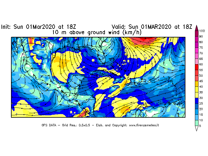 Mappa di analisi GFS - Velocità del vento a 10 metri dal suolo [km/h] in Centro-America
							del 01/03/2020 18 <!--googleoff: index-->UTC<!--googleon: index-->