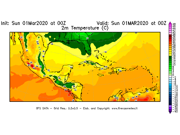 Mappa di analisi GFS - Temperatura a 2 metri dal suolo [°C] in Centro-America
							del 01/03/2020 00 <!--googleoff: index-->UTC<!--googleon: index-->