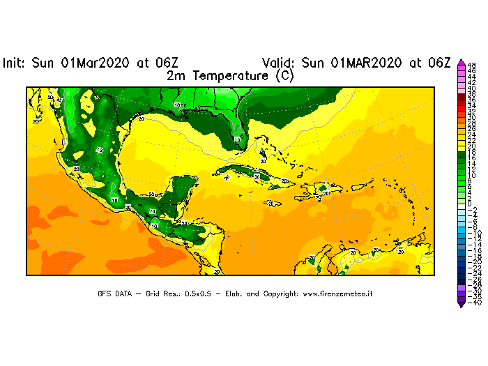 Mappa di analisi GFS - Temperatura a 2 metri dal suolo [°C] in Centro-America
							del 01/03/2020 06 <!--googleoff: index-->UTC<!--googleon: index-->