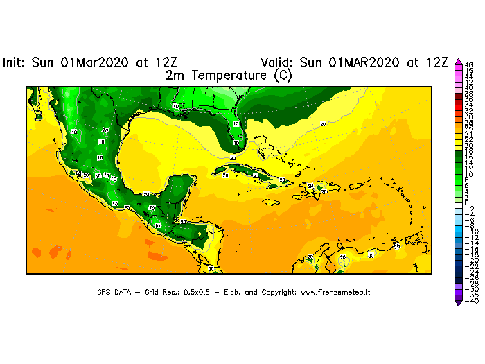 Mappa di analisi GFS - Temperatura a 2 metri dal suolo [°C] in Centro-America
							del 01/03/2020 12 <!--googleoff: index-->UTC<!--googleon: index-->