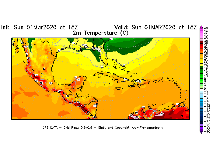 Mappa di analisi GFS - Temperatura a 2 metri dal suolo [°C] in Centro-America
							del 01/03/2020 18 <!--googleoff: index-->UTC<!--googleon: index-->