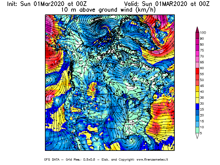 Mappa di analisi GFS - Velocità del vento a 10 metri dal suolo [km/h] in Nord-America
							del 01/03/2020 00 <!--googleoff: index-->UTC<!--googleon: index-->