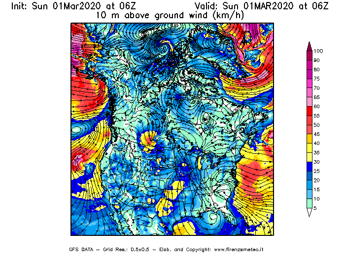 Mappa di analisi GFS - Velocità del vento a 10 metri dal suolo [km/h] in Nord-America
							del 01/03/2020 06 <!--googleoff: index-->UTC<!--googleon: index-->