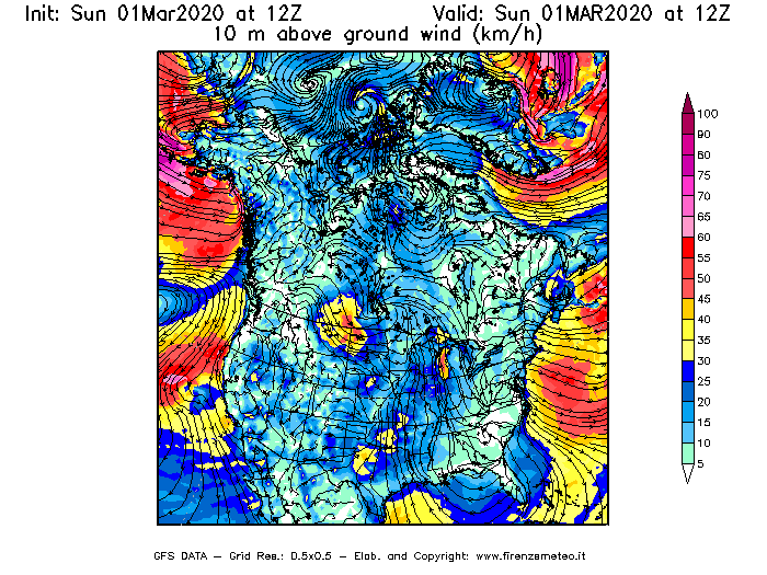 Mappa di analisi GFS - Velocità del vento a 10 metri dal suolo [km/h] in Nord-America
							del 01/03/2020 12 <!--googleoff: index-->UTC<!--googleon: index-->