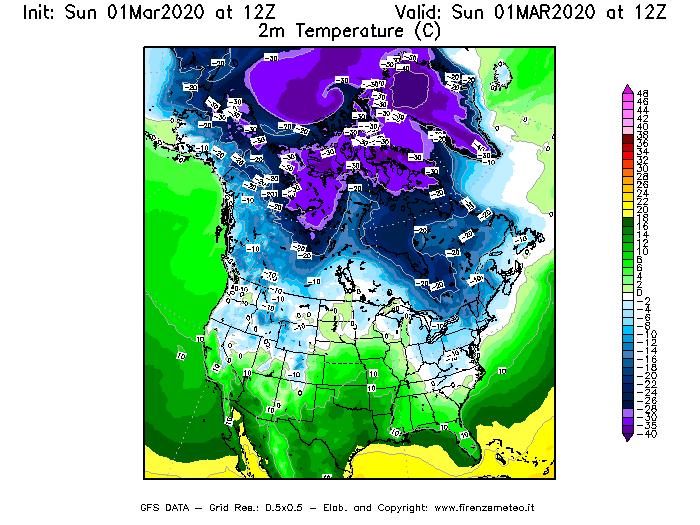 Mappa di analisi GFS - Temperatura a 2 metri dal suolo [°C] in Nord-America
							del 01/03/2020 12 <!--googleoff: index-->UTC<!--googleon: index-->