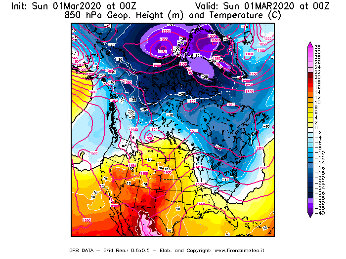 Mappa di analisi GFS - Geopotenziale [m] e Temperatura [°C] a 850 hPa in Nord-America
							del 01/03/2020 00 <!--googleoff: index-->UTC<!--googleon: index-->