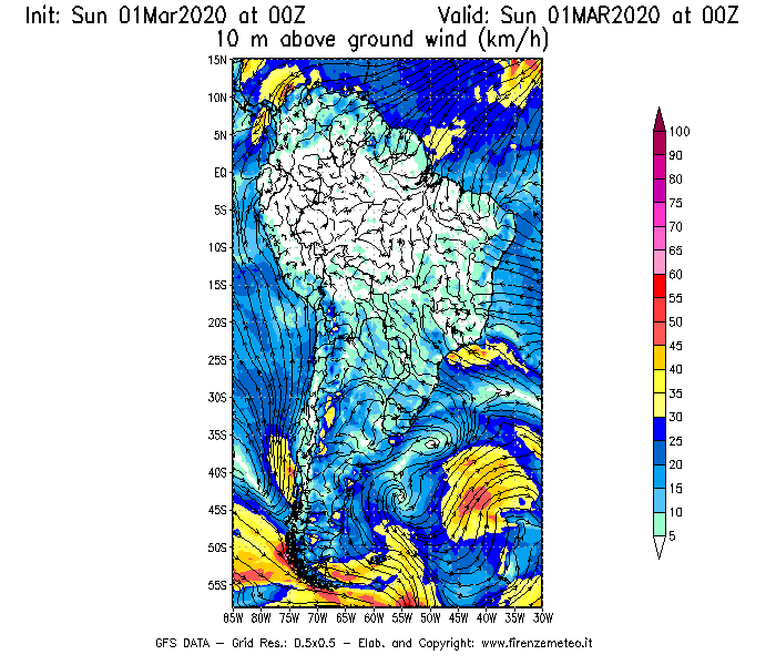 Mappa di analisi GFS - Velocità del vento a 10 metri dal suolo [km/h] in Sud-America
							del 01/03/2020 00 <!--googleoff: index-->UTC<!--googleon: index-->