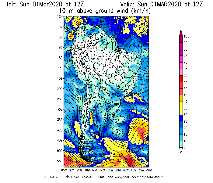 Mappa di analisi GFS - Velocità del vento a 10 metri dal suolo [km/h] in Sud-America
							del 01/03/2020 12 <!--googleoff: index-->UTC<!--googleon: index-->