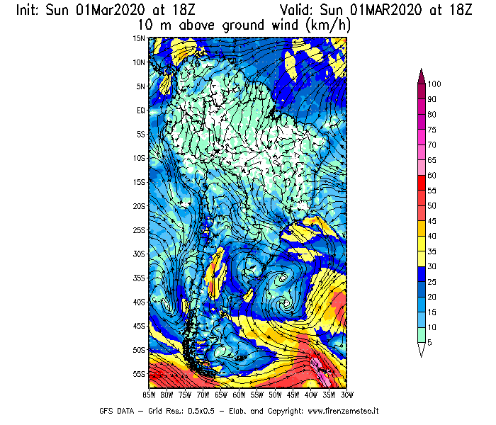 Mappa di analisi GFS - Velocità del vento a 10 metri dal suolo [km/h] in Sud-America
							del 01/03/2020 18 <!--googleoff: index-->UTC<!--googleon: index-->