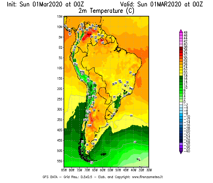 Mappa di analisi GFS - Temperatura a 2 metri dal suolo [°C] in Sud-America
							del 01/03/2020 00 <!--googleoff: index-->UTC<!--googleon: index-->