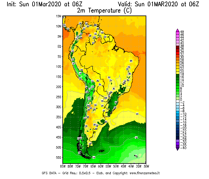 Mappa di analisi GFS - Temperatura a 2 metri dal suolo [°C] in Sud-America
							del 01/03/2020 06 <!--googleoff: index-->UTC<!--googleon: index-->