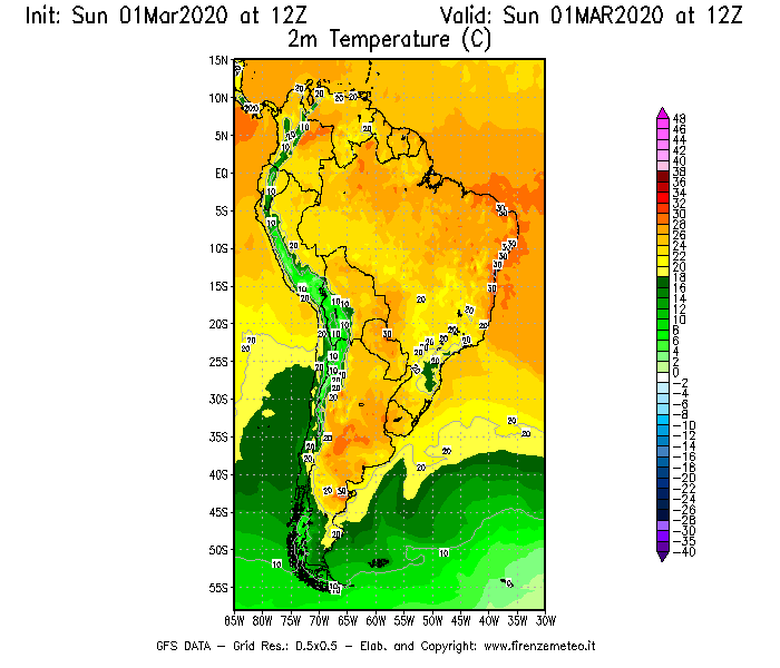 Mappa di analisi GFS - Temperatura a 2 metri dal suolo [°C] in Sud-America
							del 01/03/2020 12 <!--googleoff: index-->UTC<!--googleon: index-->