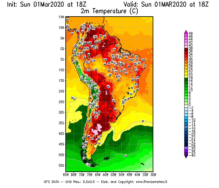 Mappa di analisi GFS - Temperatura a 2 metri dal suolo [°C] in Sud-America
							del 01/03/2020 18 <!--googleoff: index-->UTC<!--googleon: index-->