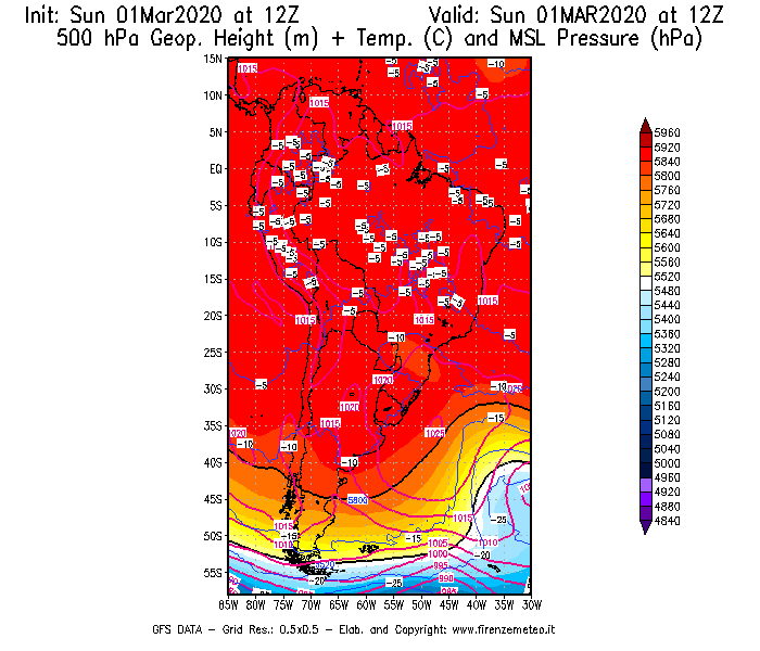 Mappa di analisi GFS - Geopotenziale [m] + Temp. [°C] a 500 hPa + Press. a livello del mare [hPa] in Sud-America
							del 01/03/2020 12 <!--googleoff: index-->UTC<!--googleon: index-->