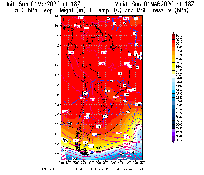 Mappa di analisi GFS - Geopotenziale [m] + Temp. [°C] a 500 hPa + Press. a livello del mare [hPa] in Sud-America
							del 01/03/2020 18 <!--googleoff: index-->UTC<!--googleon: index-->