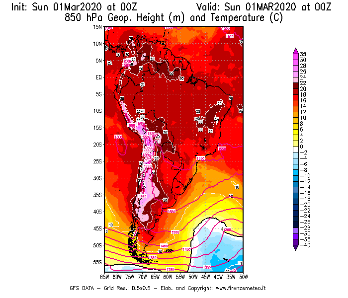 Mappa di analisi GFS - Geopotenziale [m] e Temperatura [°C] a 850 hPa in Sud-America
							del 01/03/2020 00 <!--googleoff: index-->UTC<!--googleon: index-->