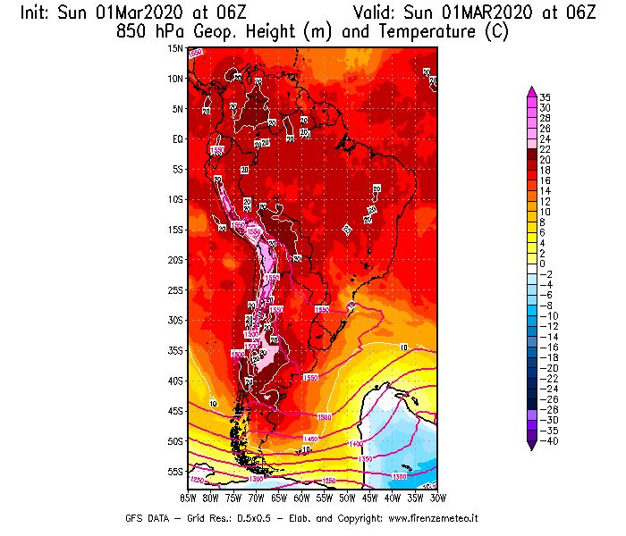 Mappa di analisi GFS - Geopotenziale [m] e Temperatura [°C] a 850 hPa in Sud-America
							del 01/03/2020 06 <!--googleoff: index-->UTC<!--googleon: index-->