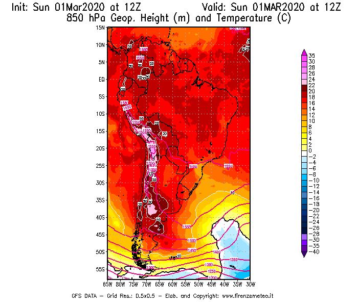 Mappa di analisi GFS - Geopotenziale [m] e Temperatura [°C] a 850 hPa in Sud-America
							del 01/03/2020 12 <!--googleoff: index-->UTC<!--googleon: index-->