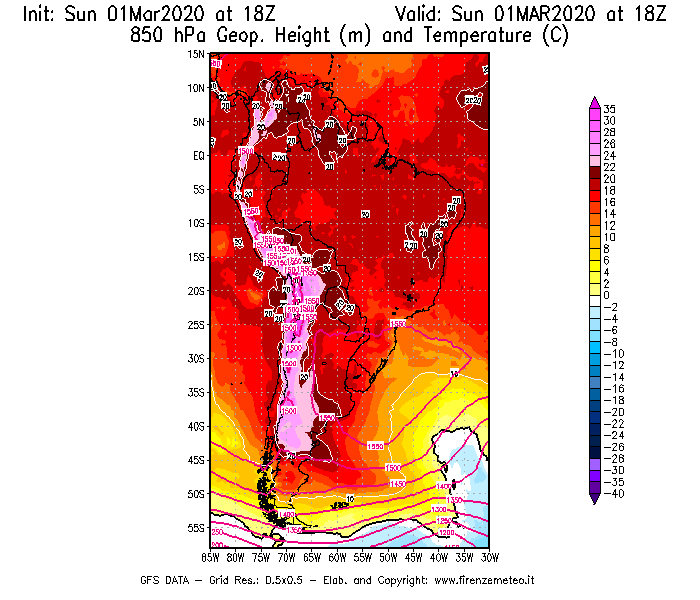 Mappa di analisi GFS - Geopotenziale [m] e Temperatura [°C] a 850 hPa in Sud-America
							del 01/03/2020 18 <!--googleoff: index-->UTC<!--googleon: index-->