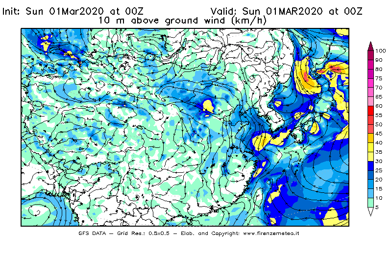 Mappa di analisi GFS - Velocità del vento a 10 metri dal suolo [km/h] in Asia Orientale
							del 01/03/2020 00 <!--googleoff: index-->UTC<!--googleon: index-->