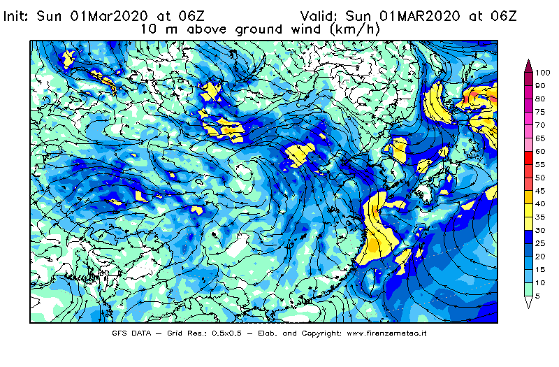 Mappa di analisi GFS - Velocità del vento a 10 metri dal suolo [km/h] in Asia Orientale
							del 01/03/2020 06 <!--googleoff: index-->UTC<!--googleon: index-->