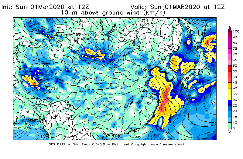 Mappa di analisi GFS - Velocità del vento a 10 metri dal suolo [km/h] in Asia Orientale
							del 01/03/2020 12 <!--googleoff: index-->UTC<!--googleon: index-->