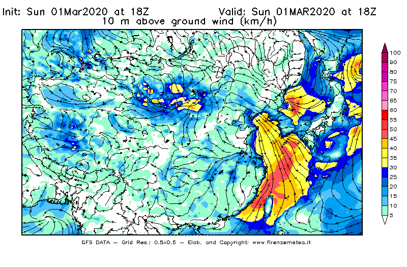 Mappa di analisi GFS - Velocità del vento a 10 metri dal suolo [km/h] in Asia Orientale
							del 01/03/2020 18 <!--googleoff: index-->UTC<!--googleon: index-->