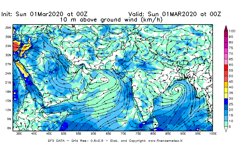 Mappa di analisi GFS - Velocità del vento a 10 metri dal suolo [km/h] in Asia Sud-Occidentale
							del 01/03/2020 00 <!--googleoff: index-->UTC<!--googleon: index-->