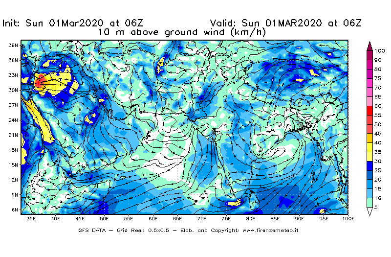 Mappa di analisi GFS - Velocità del vento a 10 metri dal suolo [km/h] in Asia Sud-Occidentale
							del 01/03/2020 06 <!--googleoff: index-->UTC<!--googleon: index-->