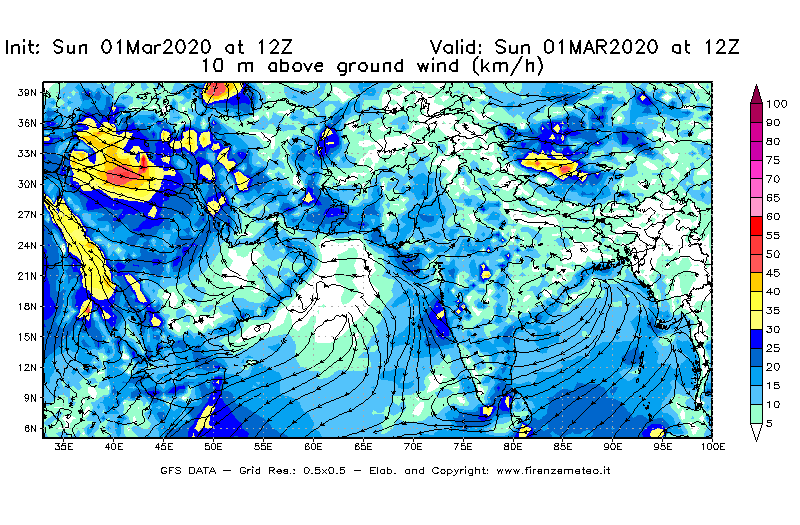 Mappa di analisi GFS - Velocità del vento a 10 metri dal suolo [km/h] in Asia Sud-Occidentale
							del 01/03/2020 12 <!--googleoff: index-->UTC<!--googleon: index-->