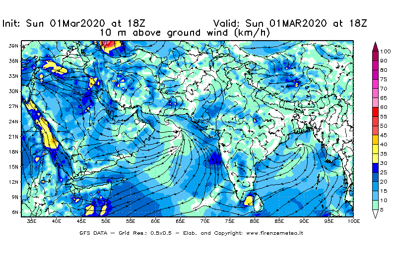 Mappa di analisi GFS - Velocità del vento a 10 metri dal suolo [km/h] in Asia Sud-Occidentale
							del 01/03/2020 18 <!--googleoff: index-->UTC<!--googleon: index-->