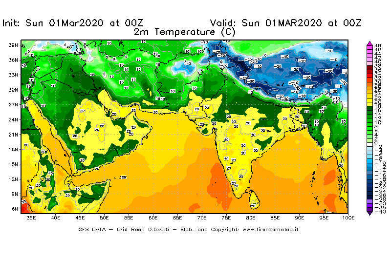 Mappa di analisi GFS - Temperatura a 2 metri dal suolo [°C] in Asia Sud-Occidentale
							del 01/03/2020 00 <!--googleoff: index-->UTC<!--googleon: index-->