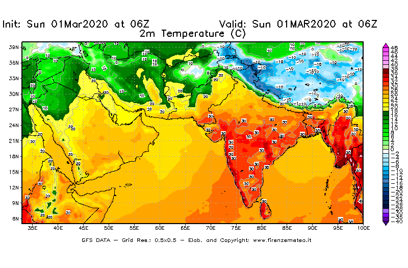 Mappa di analisi GFS - Temperatura a 2 metri dal suolo [°C] in Asia Sud-Occidentale
							del 01/03/2020 06 <!--googleoff: index-->UTC<!--googleon: index-->