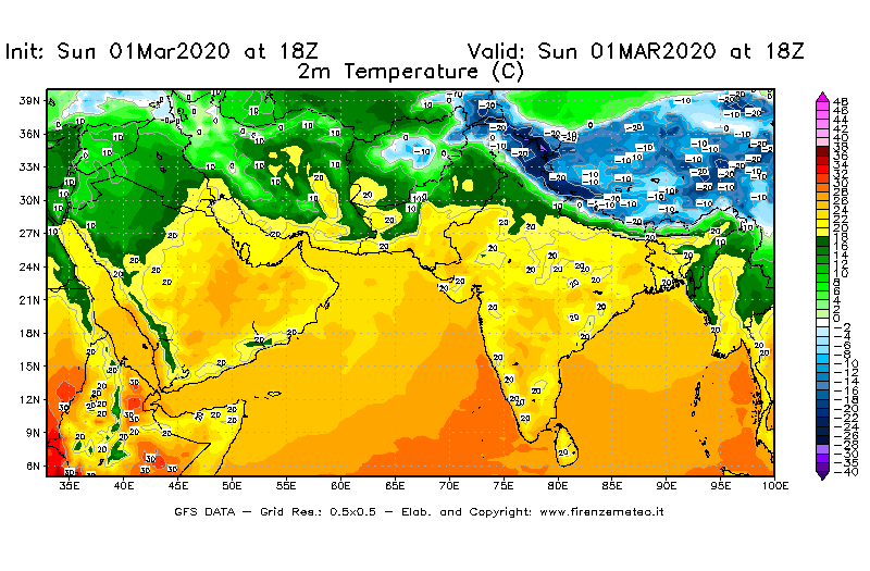 Mappa di analisi GFS - Temperatura a 2 metri dal suolo [°C] in Asia Sud-Occidentale
							del 01/03/2020 18 <!--googleoff: index-->UTC<!--googleon: index-->