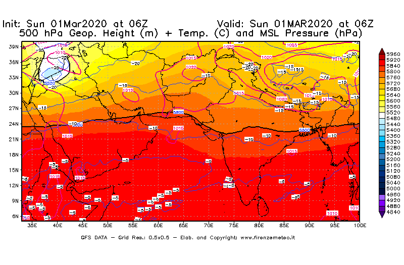 Mappa di analisi GFS - Geopotenziale [m] + Temp. [°C] a 500 hPa + Press. a livello del mare [hPa] in Asia Sud-Occidentale
							del 01/03/2020 06 <!--googleoff: index-->UTC<!--googleon: index-->